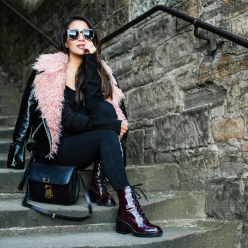 Designer ROCK CHIC Moto Jacket Pink Faux Fur Black Leather